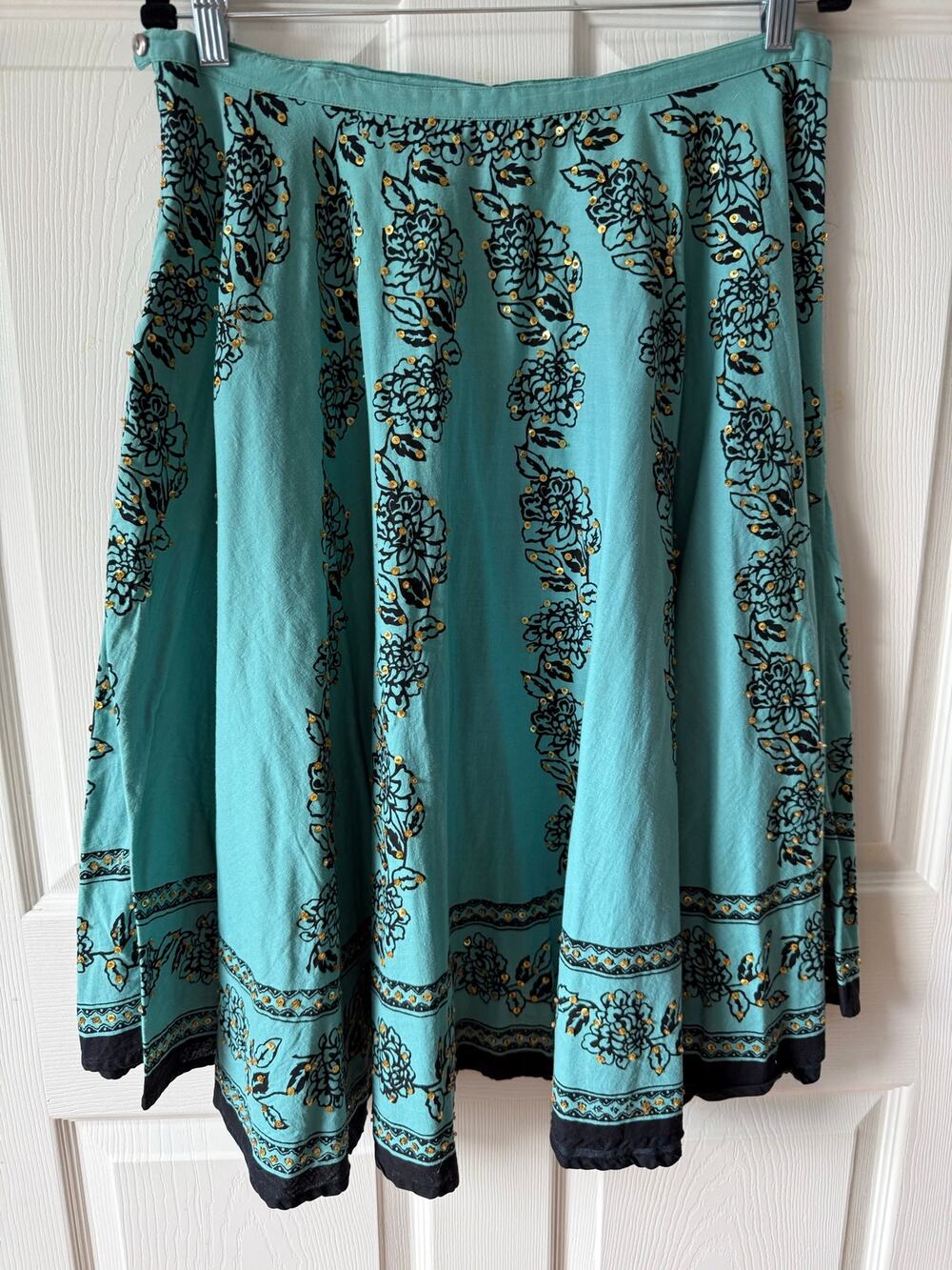 Vintage Y2K Gadzooks Turquoise Floral Sequin Cotton Circle Skirt Size‎ M